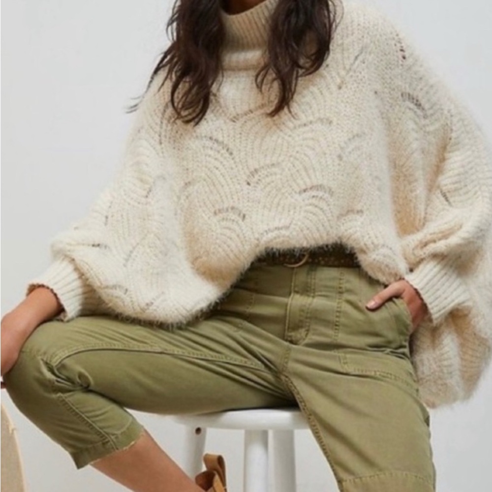 Anthropologie Rue Ivory Scalloped Hem Turtleneck Poncho Sweater One Size